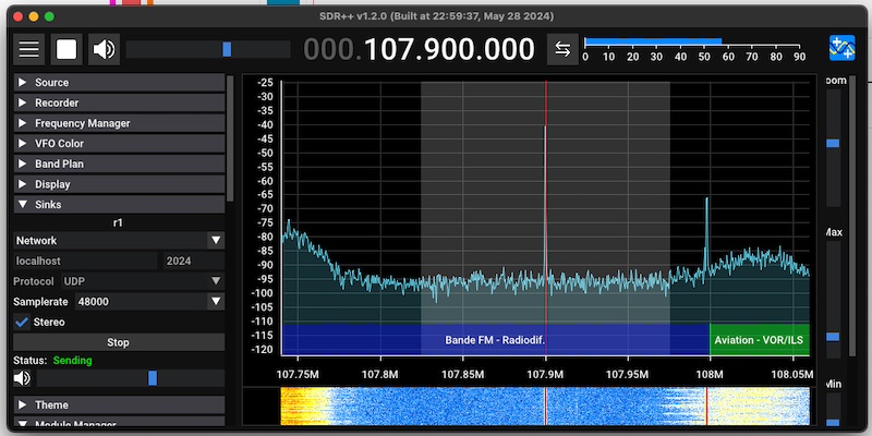 SDR++ diffusant en UDP via les sinks